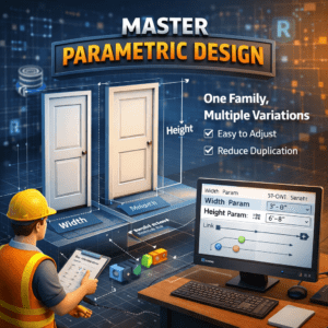 3D illustration of parametric design in Revit showing adjustable door family with width and height parameters