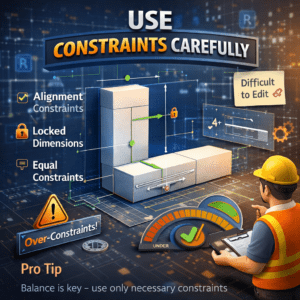 3D illustration showing Revit constraints including alignment, locked dimensions, and equal constraints in family creation