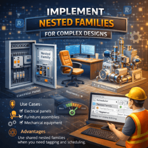 3D illustration of nested families in Revit showing electrical panels, furniture, and mechanical equipment for complex BIM design