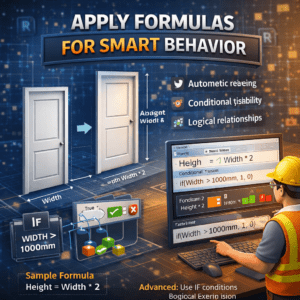 3D illustration of Revit formulas showing parametric family behavior with height equals width multiplied by 2 and IF conditions