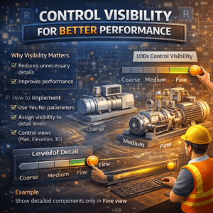 3D illustration of Revit visibility control showing detail levels from coarse to fine for better BIM performance