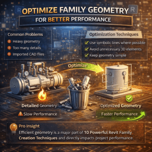 3D illustration showing optimized Revit family geometry for better performance with reduced detail and simplified BIM modeling
