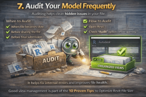 3D infographic showing how to use Compact Save option in Revit, with steps like Save As, Options, and enabling Compact File to reduce file size and improve performance