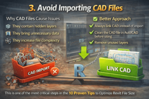 3D infographic showing why to avoid importing CAD files in Revit, highlighting issues like hidden layers and unnecessary data, and recommending linking CAD for better performance