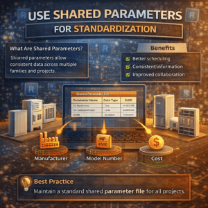 3D illustration of shared parameters in Revit showing standardized data for BIM including manufacturer, model number, and cost
