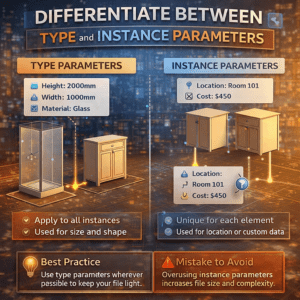 3D illustration comparing type and instance parameters in Revit family creation with size, location, and cost examples