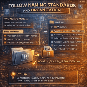 3D illustration showing Revit family naming standards with organized file structure and example Window Double 1200x1500mm