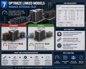 Revit linked models optimization showing overlay vs attachment for better performance