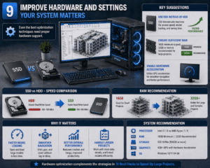 Revit hardware optimization setup showing SSD vs HDD and RAM upgrade for better performance