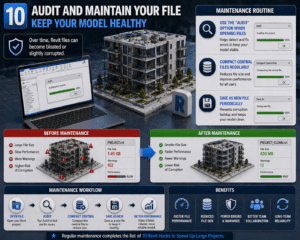 Revit file maintenance infographic showing audit, compact, and save as workflow for better performance
