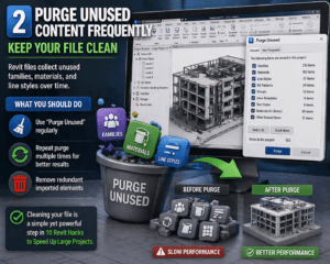 3D Revit purge unused tool illustration showing file cleanup and optimization process