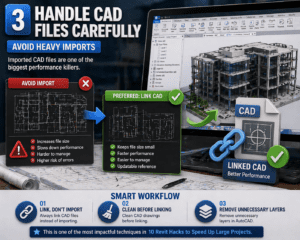 3D illustration of linking CAD files in Revit instead of importing for better performance