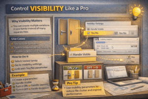 3D infographic showing visibility control in Revit nested families using Yes/No parameters
