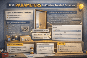 3D infographic showing how to use parameters to control nested families in Revit