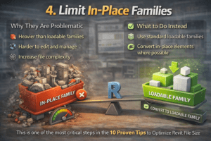 3D illustration showing in-place vs loadable Revit families comparison, highlighting issues like heavy geometry and benefits of using loadable families for better performance