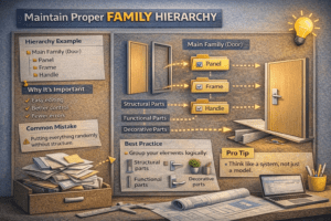 3D infographic showing proper family hierarchy in Revit with door, panel, frame, and handle structure