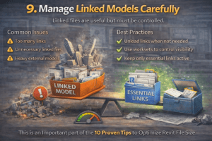 3D infographic showing how to manage linked models in Revit, highlighting issues like too many links and best practices such as unloading unused links and keeping only essential models