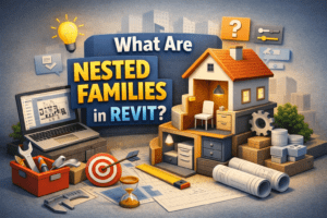 3D illustration explaining what are nested families in Revit with house model and tools