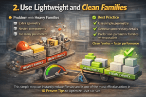 3D illustration comparing heavy vs clean Revit families showing extra geometry, nested components, and optimized lightweight family for better performance