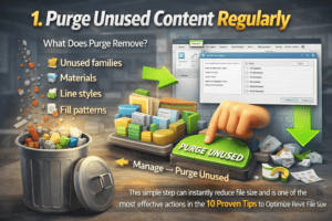 3D illustration showing how to purge unused content in Revit with “Purge Unused” button, unused elements like families and materials, and file size optimization concept