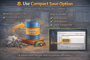 3D illustration explaining Revit Compact Save option with step-by-step process to reduce file size and improve model performance