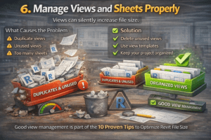 3D infographic showing Revit view management with duplicate and unused views vs organized views, highlighting tips to reduce file size and improve performance