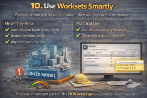 3D infographic showing how to use worksets smartly in Revit, highlighting benefits like reduced memory usage and faster loading, with steps to turn off unnecessary worksets and open only required elements