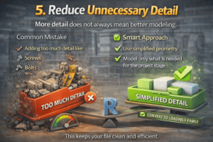 3D illustration showing excessive vs simplified Revit model detail, highlighting issues with screws and bolts and benefits of using clean, optimized geometry