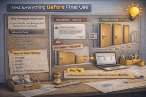 Revit family testing process with parameters, visibility, and size adjustments in 3D illustration