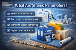 3D illustration explaining shared parameters in Revit with key features and file system