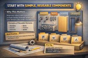 3D illustration of simple reusable components in Revit like handles, bolts, panels, and frames