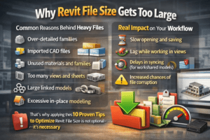 3D infographic showing why Revit file size gets too large with causes like heavy families, CAD imports, unused data, and workflow impacts like slow performance and file corruption