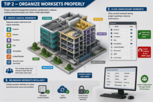 3D illustration of Revit workset organization showing efficient BIM collaboration and optimized project management