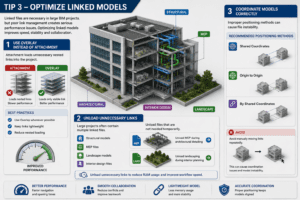 3D illustration of Revit linked model optimization showing overlay links and efficient BIM coordination workflow