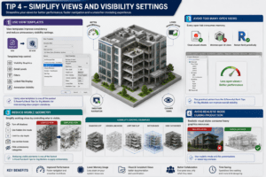 3D illustration of Revit view optimization showing simplified visibility settings and improved BIM model performance
