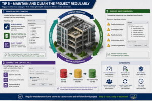 3D illustration of Revit project maintenance showing purge unused files, warning cleanup, and compact central file optimization