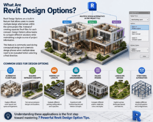 What Are Revit Design Options infographic showing multiple design alternatives, floor plans, façade studies, furniture layouts, parking layouts, and structural concepts in Autodesk Revit