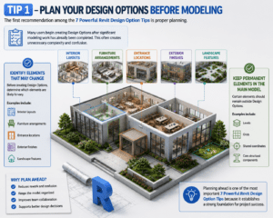 Tip 1 Plan Your Design Options Before Modeling infographic showing Revit Design Options planning, variable elements, permanent model elements, and BIM workflow best practices