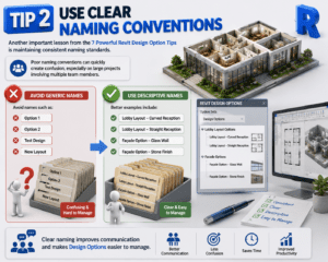 Tip 2 Use Clear Naming Conventions infographic showing Revit Design Options naming standards, descriptive option names, project organization, and BIM workflow management