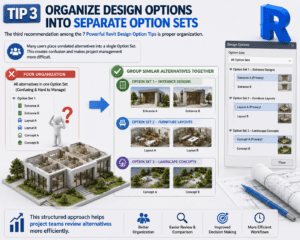 Tip 3 Organize Design Options into Separate Option Sets infographic showing Revit Design Options organization, entrance designs, furniture layouts, landscape concepts, and BIM workflow management