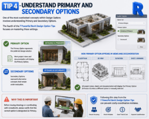 Tip 4 Understand Primary and Secondary Options infographic showing Revit Design Options, primary option settings, secondary design alternatives, project documentation, and BIM coordination workflows