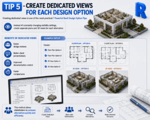 Tip 5 Create Dedicated Views for Each Design Option infographic showing Revit Design Options, floor plan alternatives, 3D views, design comparison workflows, and BIM documentation best practices