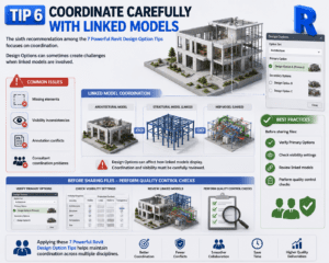 Tip 6 Coordinate Carefully with Linked Models infographic showing Revit Design Options, linked architectural, structural and MEP models, visibility settings, quality control checks, and BIM coordination workflows