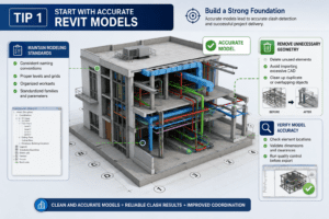 Accurate Revit model showing clean BIM geometry, coordinated MEP systems, and clash-free building design for effective clash detection