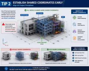 Shared coordinates workflow in Revit and Navisworks showing aligned architectural, structural, and MEP models for accurate clash detection