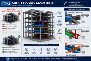 Focused clash tests in Navisworks showing structure vs mechanical, mechanical vs plumbing, and electrical vs mechanical BIM coordination
