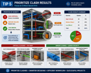 Prioritize clash results in Navisworks by severity, highlighting critical clashes such as ducts through beams, pipes through columns, and blocked access routes