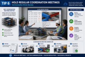 BIM coordination meeting reviewing Navisworks clash reports, assigning responsibilities, tracking progress, and resolving construction conflicts