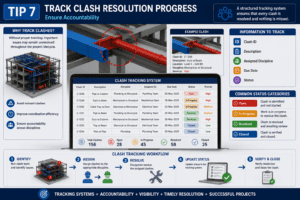 BIM clash tracking system showing clash IDs, assigned disciplines, due dates, status updates, and resolution progress in Navisworks coordination workflow