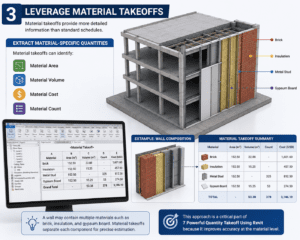 Revit material takeoff showing material area, volume, cost, and quantity calculations